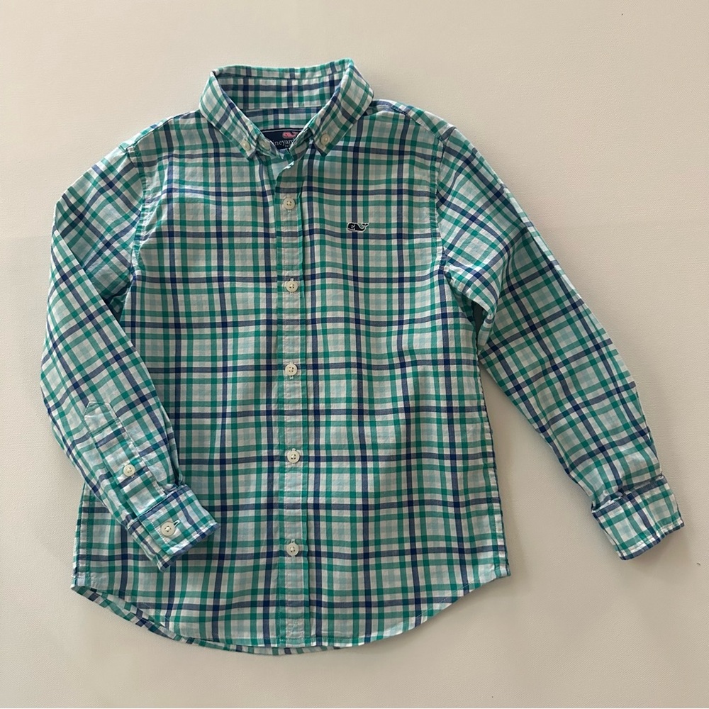 Vineyard Vines Boys 5 Blue Green Plaid Whale Button Down Shirt